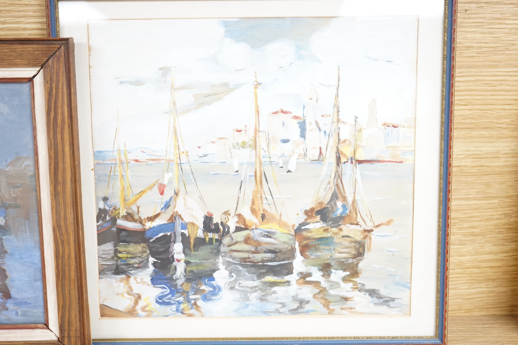 Modern British, oil, ‘Eyemouth Harbour’, inscribed 9th August 1897 verso, together with a similar gouache, Fishing boats before a harbour, largest 26 x 27cm. Condition - good